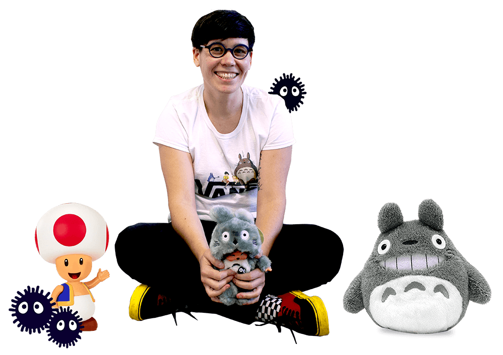 femme assise avec objets geek